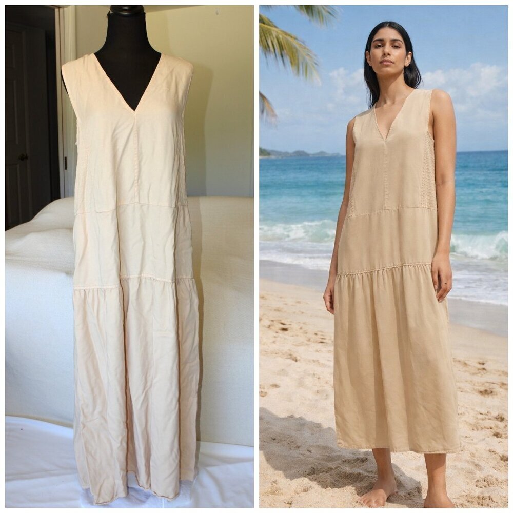 Everlane The Tencel V-Neck Maxi Dress size Large Beige Minimalist relaxed fit